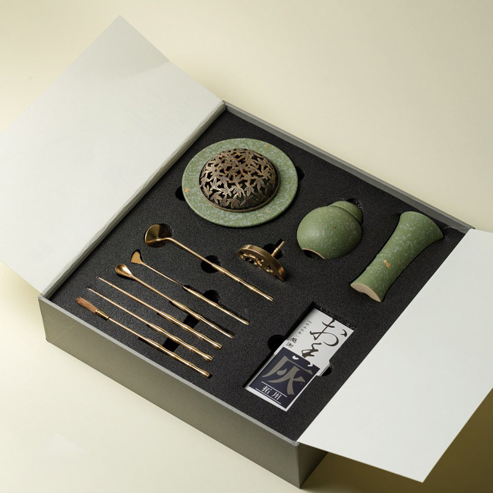 Gilded Green Ceramic Chinese Incense Burner Kit