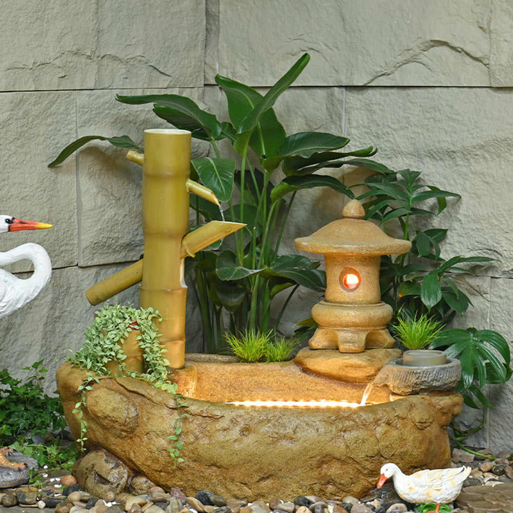 Japanese-Style Bamboo Fountain Waterfall With Idyllic Zen Flowing Water