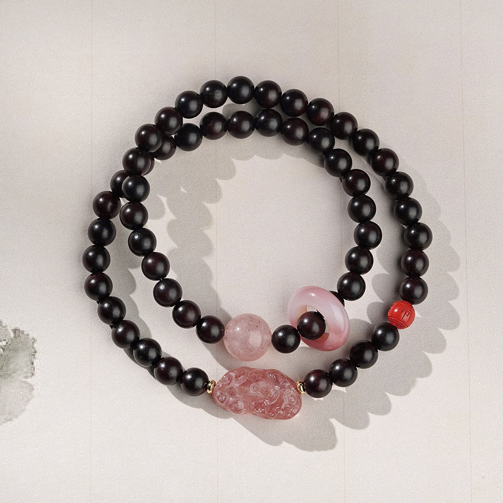 Pink Cystal Pixiu Sandalwood Bracelet