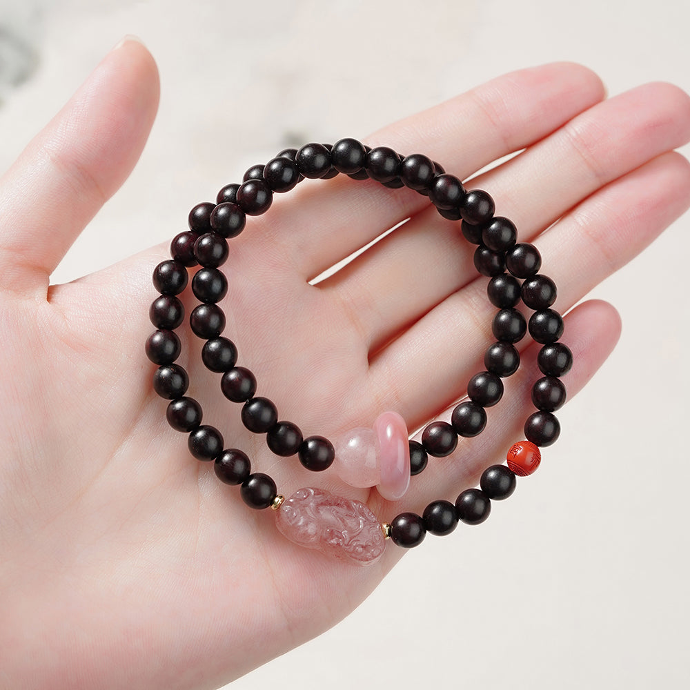 Pink Cystal Pixiu Sandalwood Bracelet