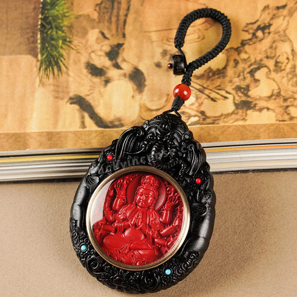 Ebony Wood Cinnabar Bodhisattva Buddha Statue Inlay Keychain Charm