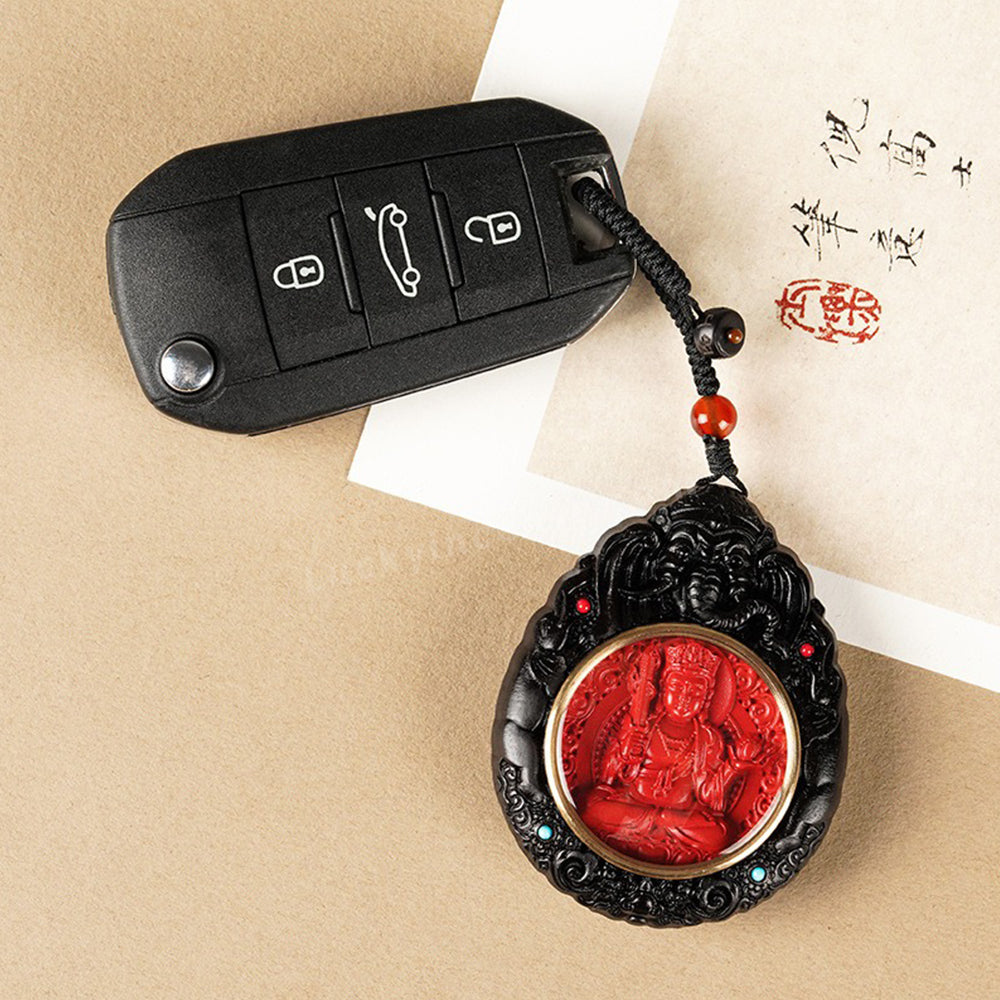 Ebony Wood Cinnabar Bodhisattva Buddha Statue Inlay Keychain Charm