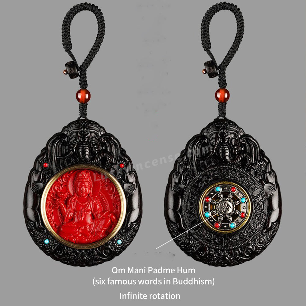 Ebony Wood Cinnabar Bodhisattva Buddha Statue Inlay Keychain Charm