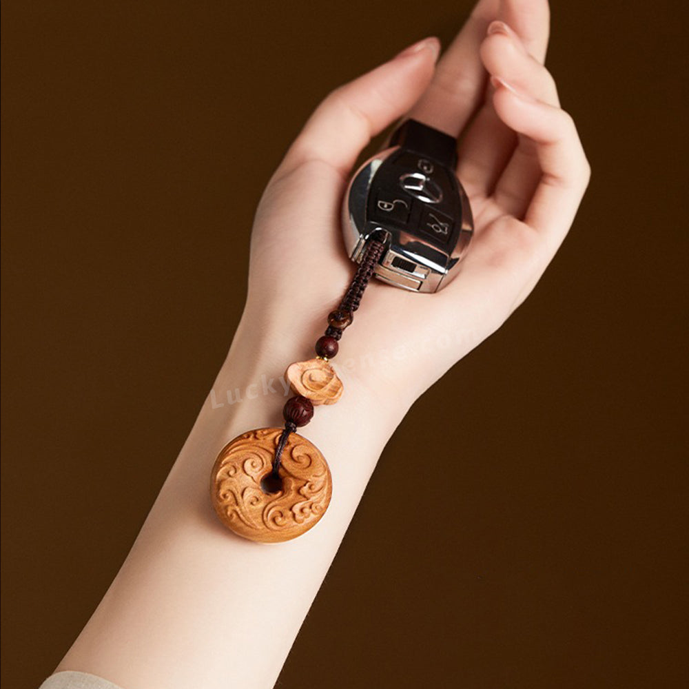 Peach Wood Lucky Coin Keychain Charm