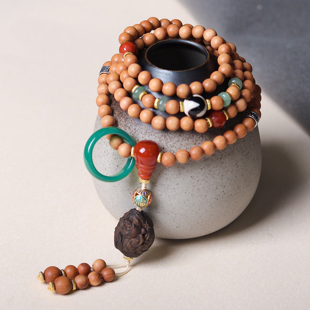 Green Tara Laughing Buddha Lotus Old Sandalwood Mala Beads