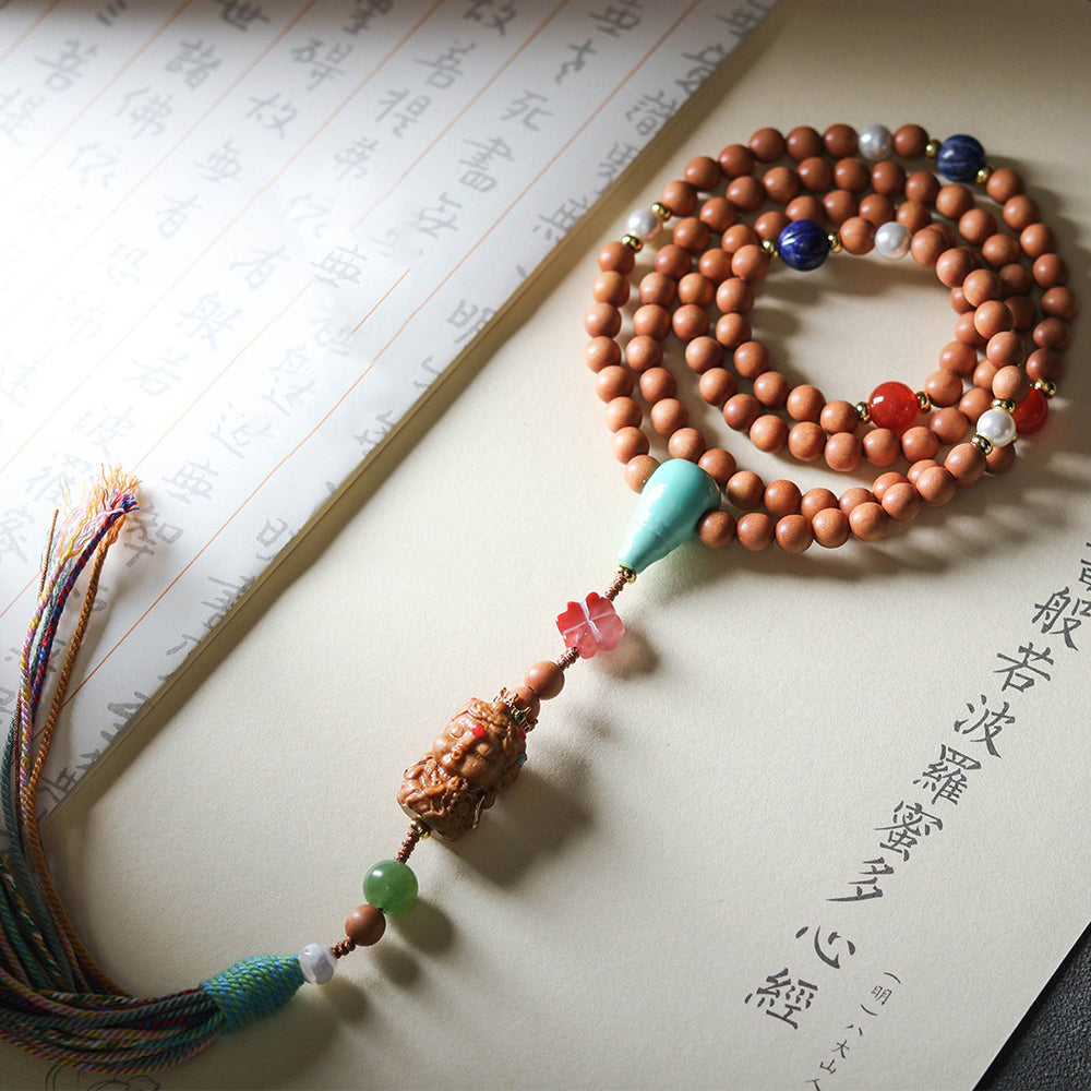 Green Tara Laughing Buddha Lotus Old Sandalwood Mala Beads
