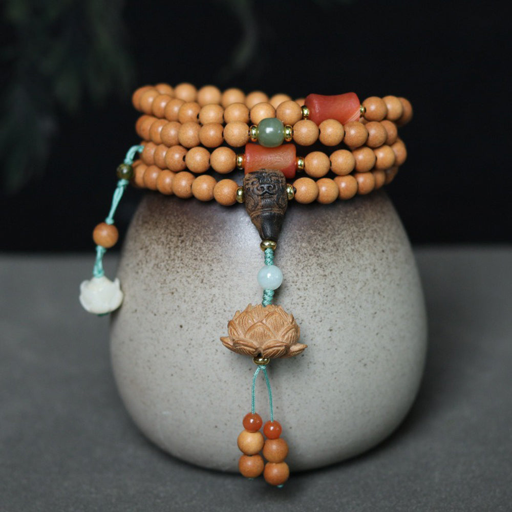 Green Tara Laughing Buddha Lotus Old Sandalwood Mala Beads