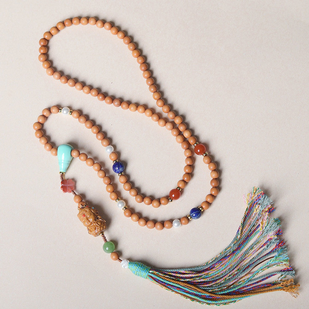 Green Tara Laughing Buddha Lotus Old Sandalwood Mala Beads