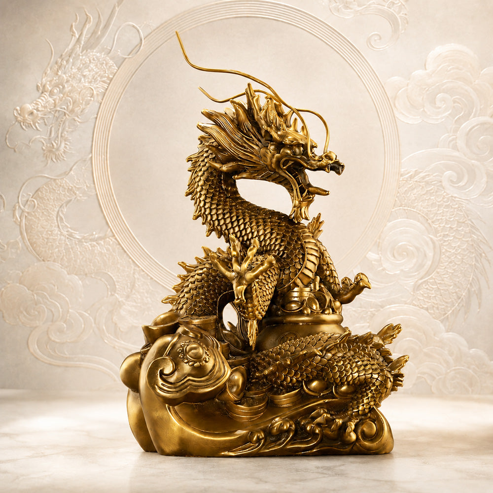 Brass Dragon Wealth Bowl Statue