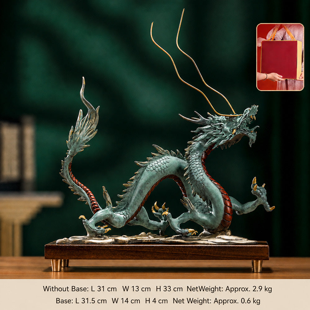 Brass Dragon Statue With Walnut Base