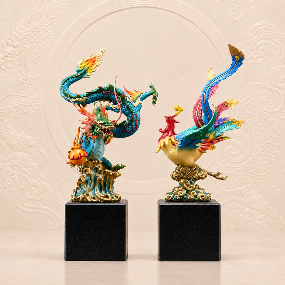 Copper Dragon And Phoenix Statue Set