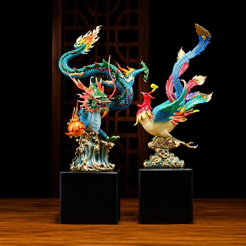 Copper Dragon And Phoenix Statue Set