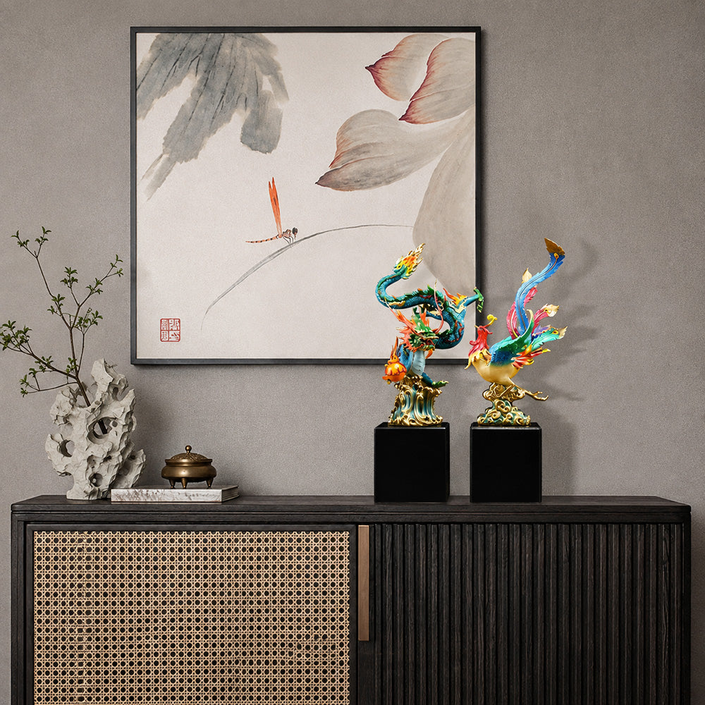 Copper Dragon And Phoenix Statue Set