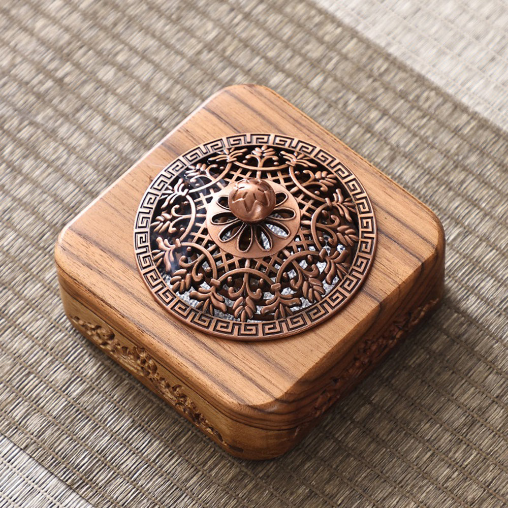 Thai Teak Wooden Incense Burner with Lotus Carvings