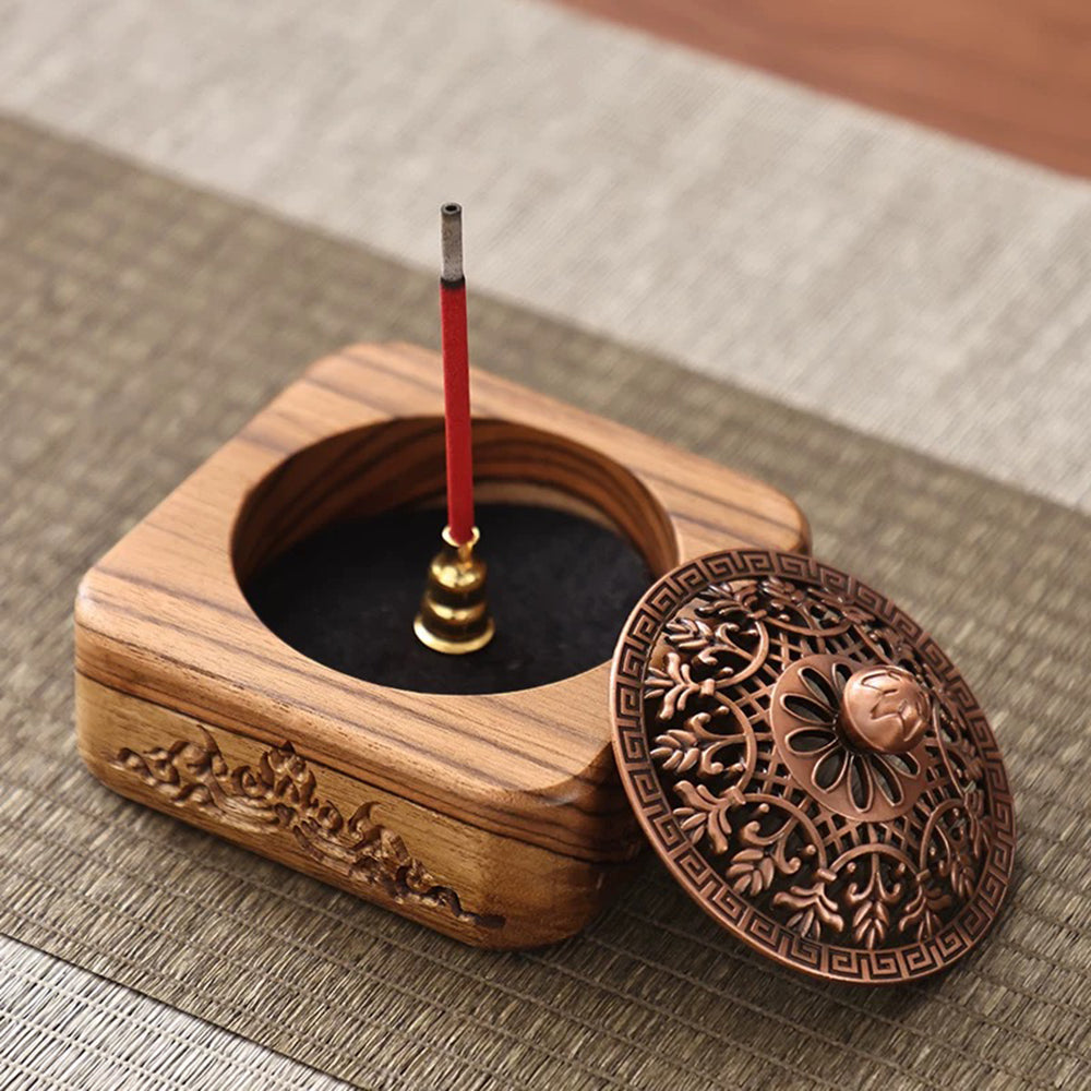 Thai Teak Wooden Incense Burner with Lotus Carvings