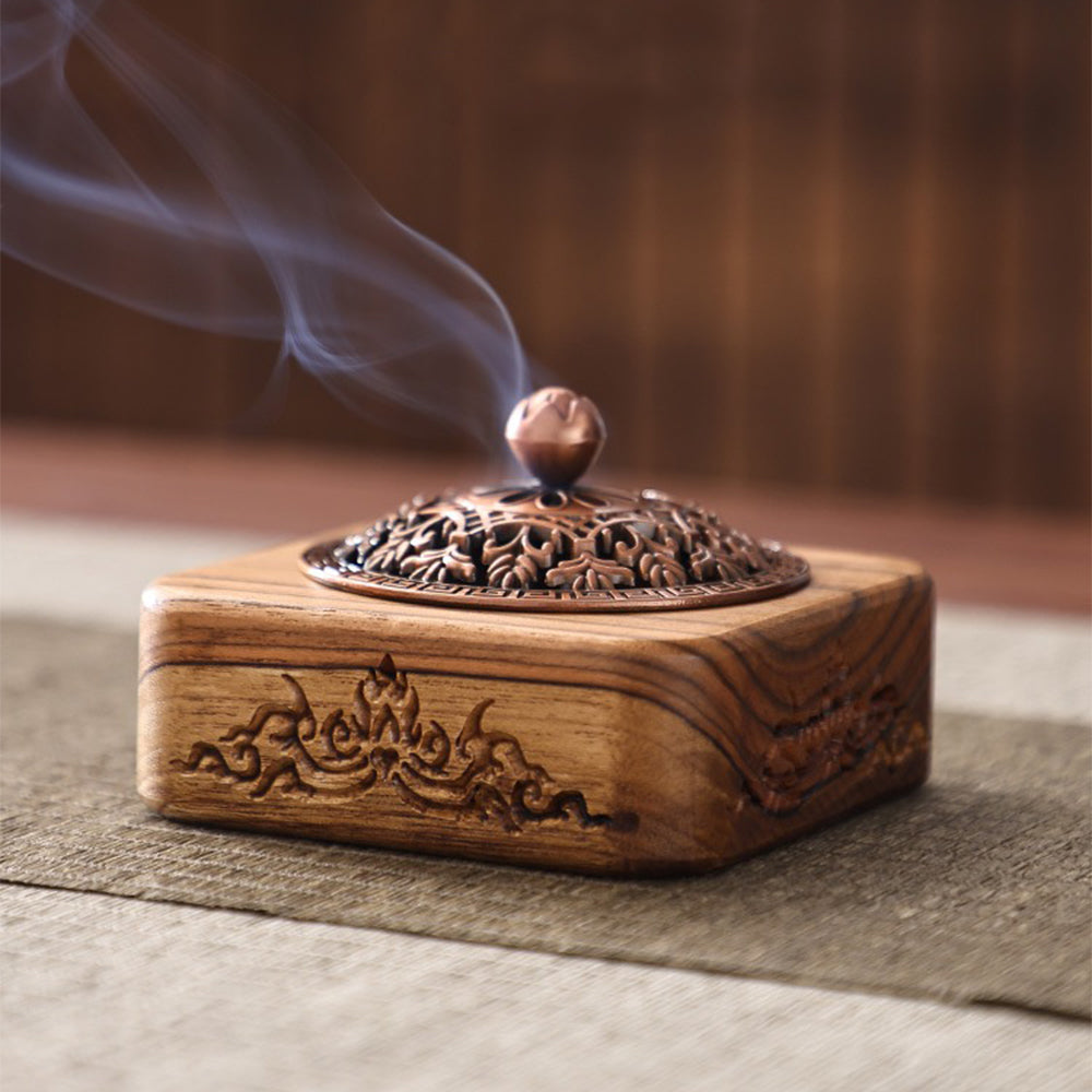 Thai Teak Wooden Incense Burner with Lotus Carvings