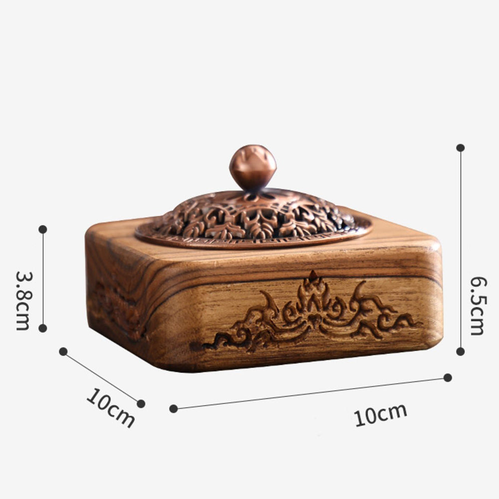 Thai Teak Wooden Incense Burner with Lotus Carvings