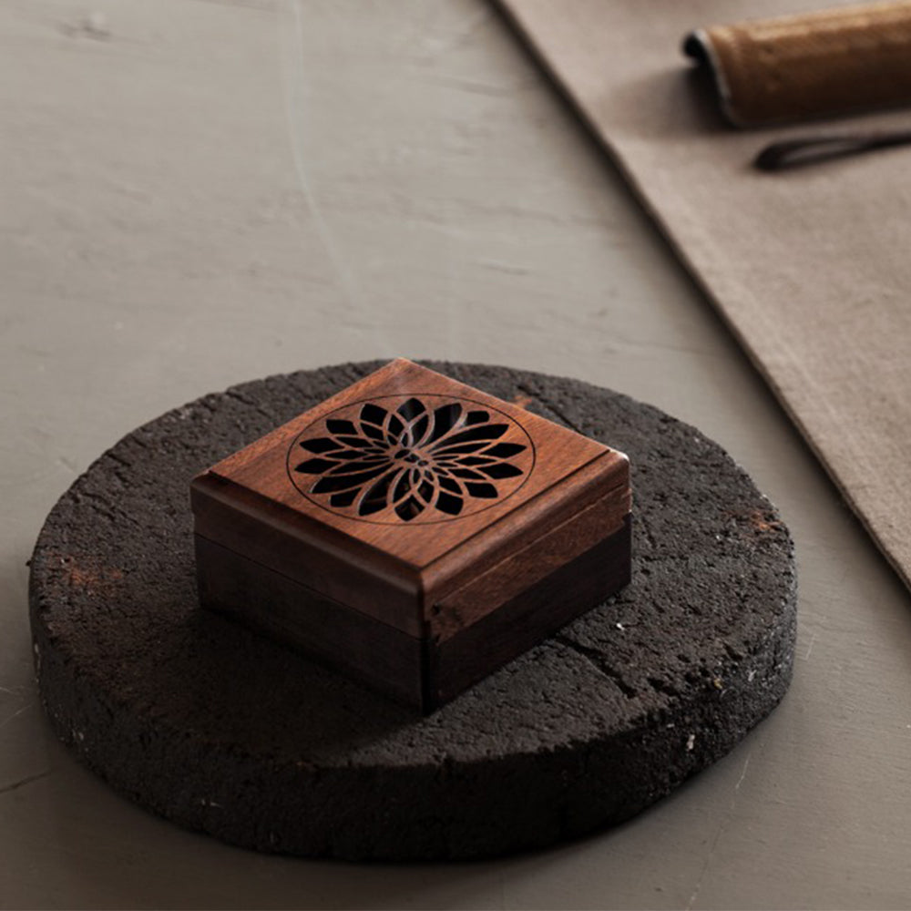 Double-Layer Square Hollowed-out Incense Burner Wooden Box