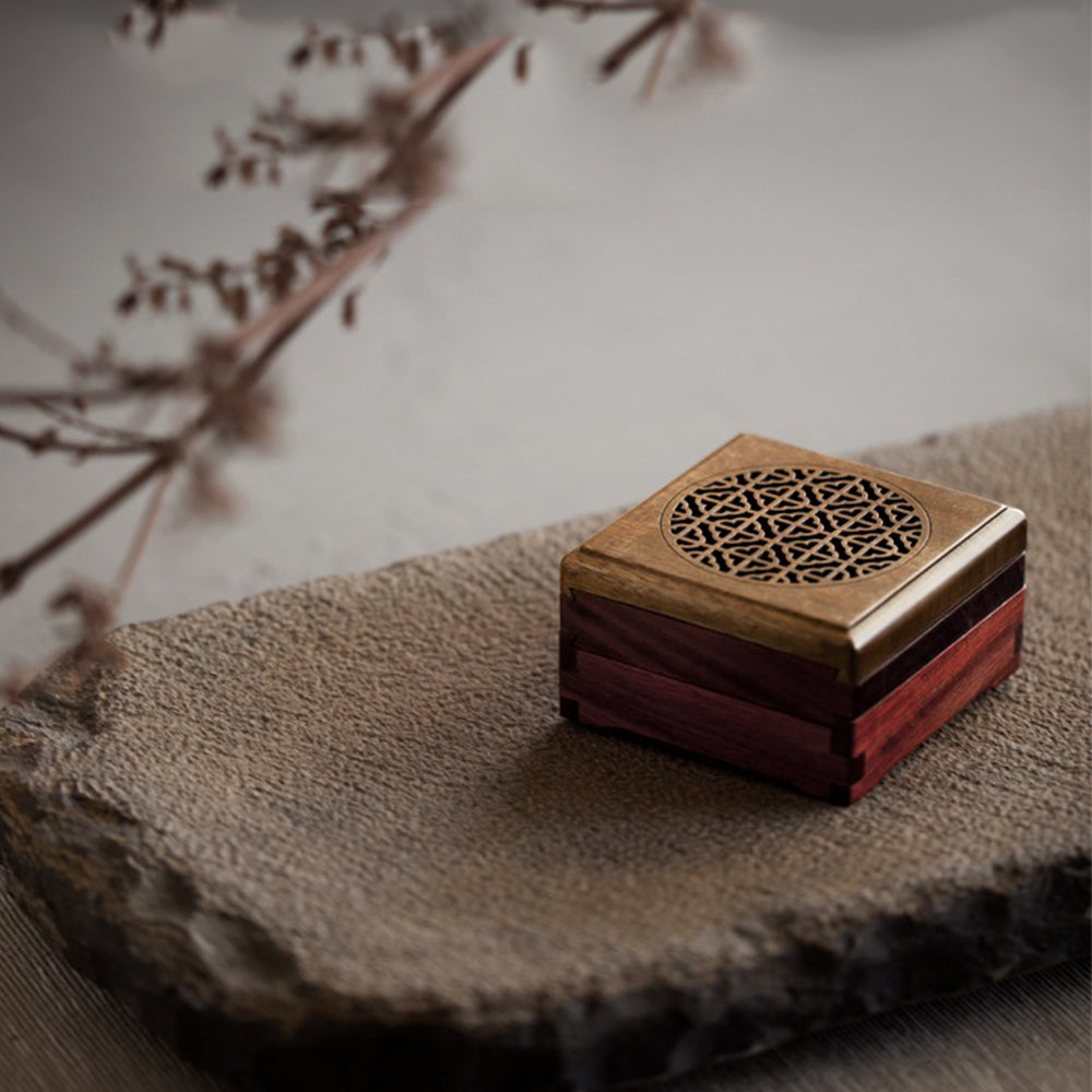 Double-Layer Square Hollowed-out Incense Burner Wooden Box