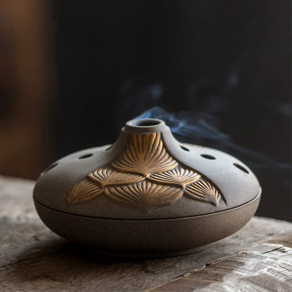 Coarse Pottery Japanese Style Incense Burner With Golden Lotus