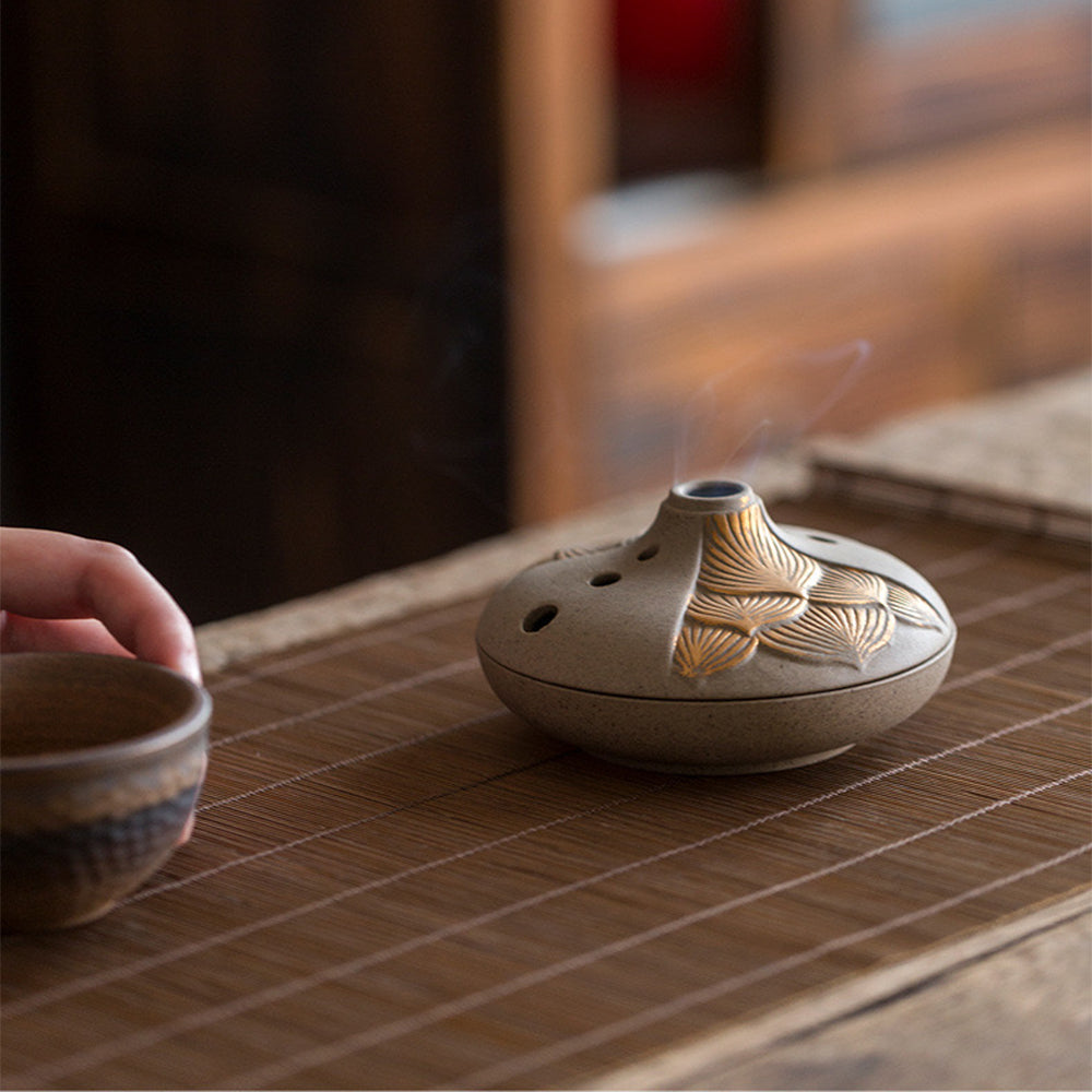 Coarse Pottery Japanese Style Incense Burner With Golden Lotus