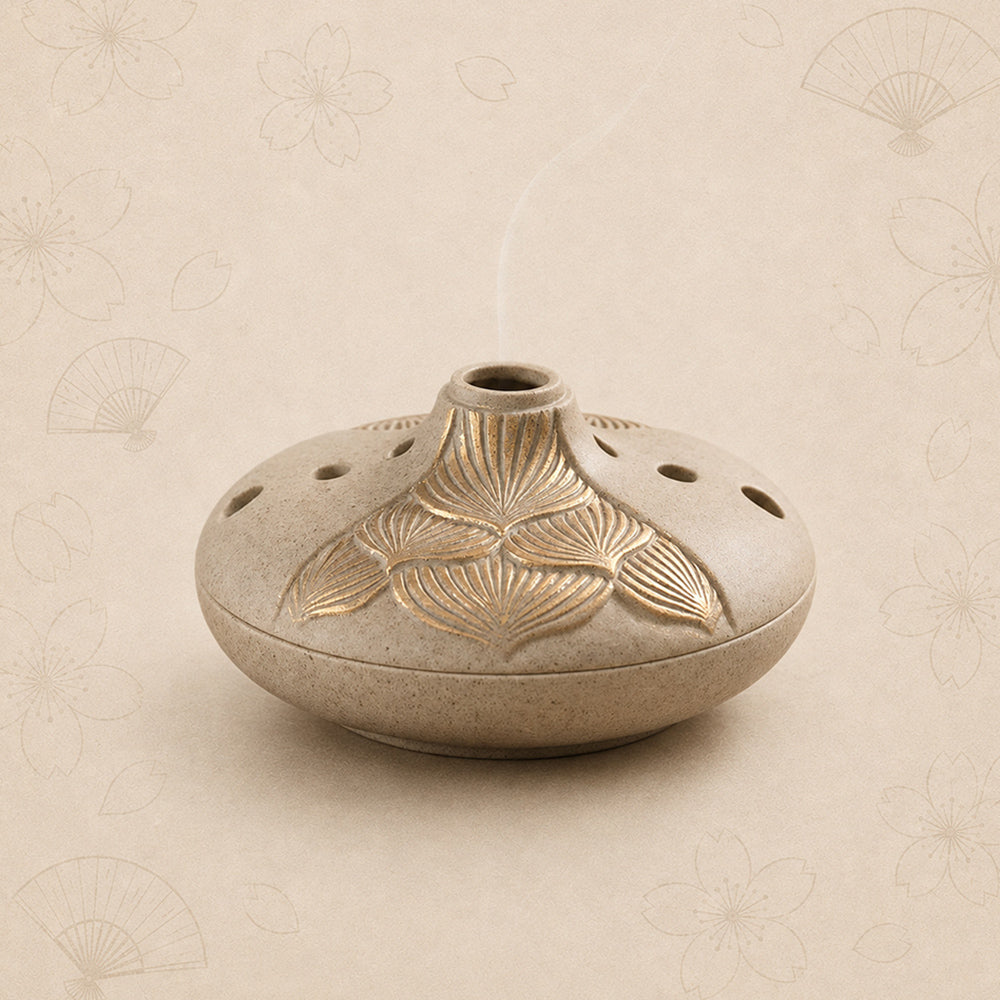 Coarse Pottery Japanese Style Incense Burner With Golden Lotus
