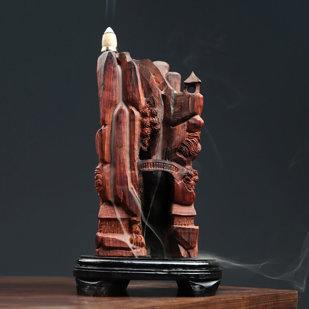 Indian Red Sandalwood Waterfall Incense Burner With High Mountain Design