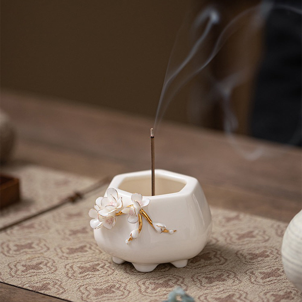 Elegant Flower Embellished Ceramic Incense Holder
