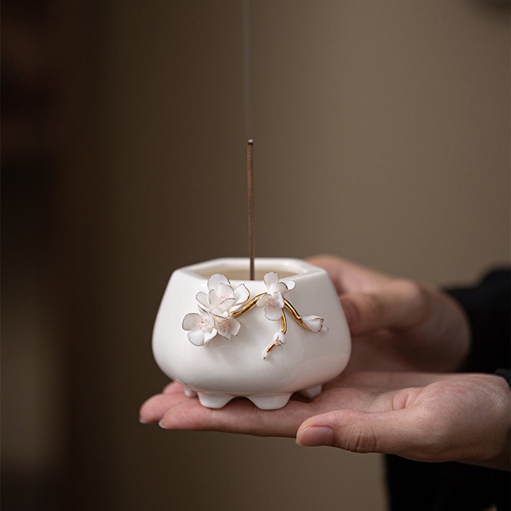 Elegant Flower Embellished Ceramic Incense Holder
