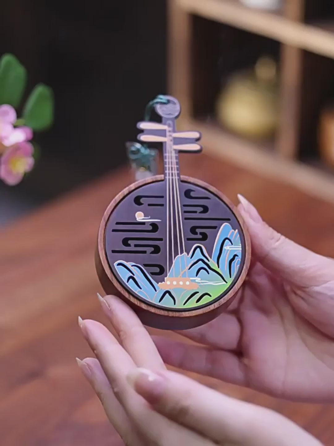 Traditional Chinese Wooden Incense Burner in the Shape of Yueqin