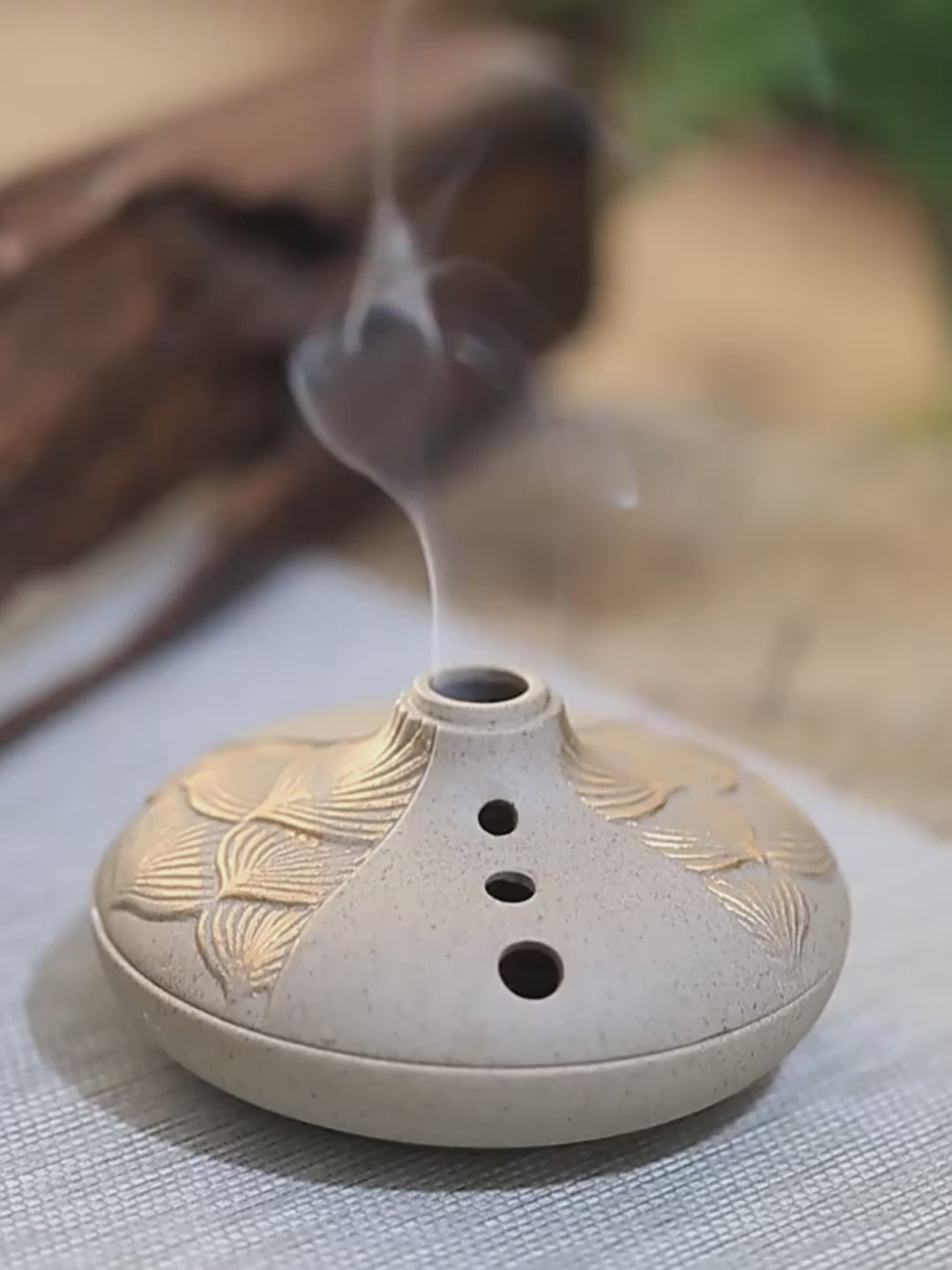 Coarse Pottery Japanese Style Incense Burner With Golden Lotus