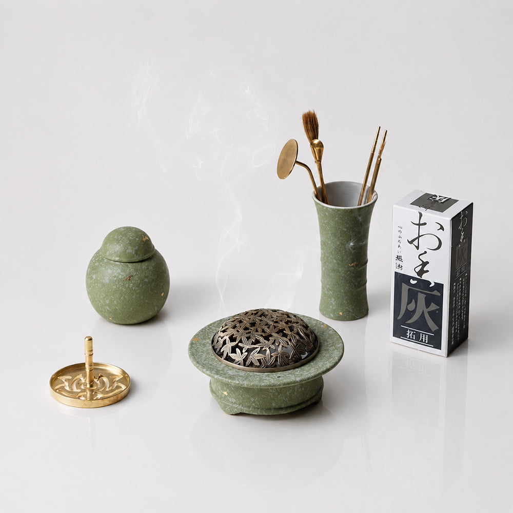Gilded Green Ceramic Chinese Incense Burner Kit