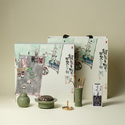 Gilded Green Ceramic Chinese Incense Burner Kit