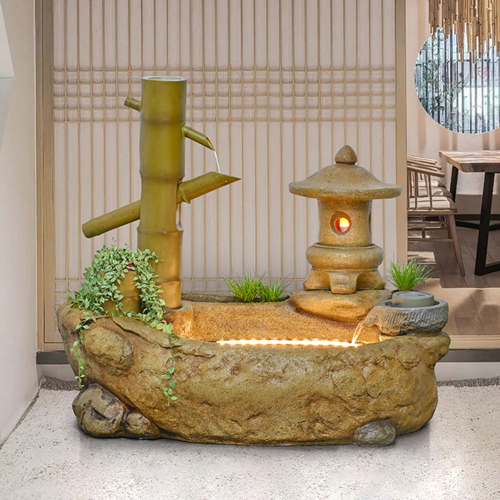Japanese-Style Bamboo Fountain Waterfall With Idyllic Zen Flowing Water