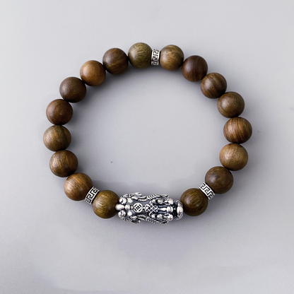 Green Sandalwood Silver Pixiu Bracelet