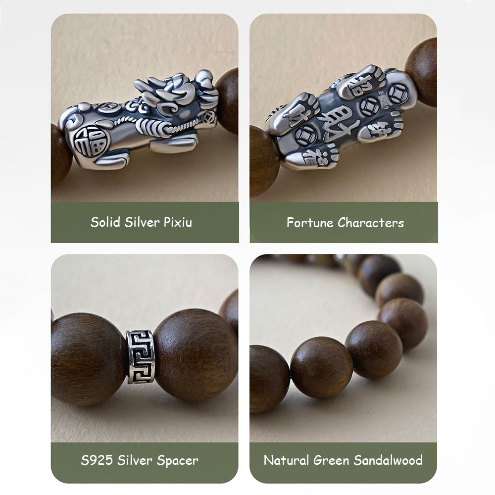 Green Sandalwood Silver Pixiu Bracelet