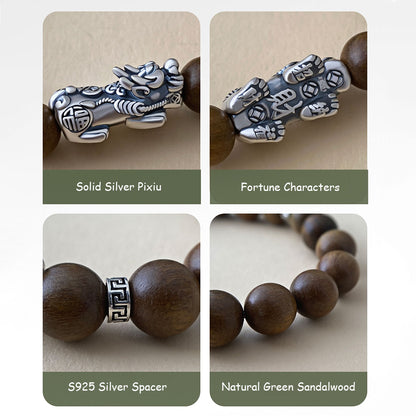 Green Sandalwood Silver Pixiu Bracelet