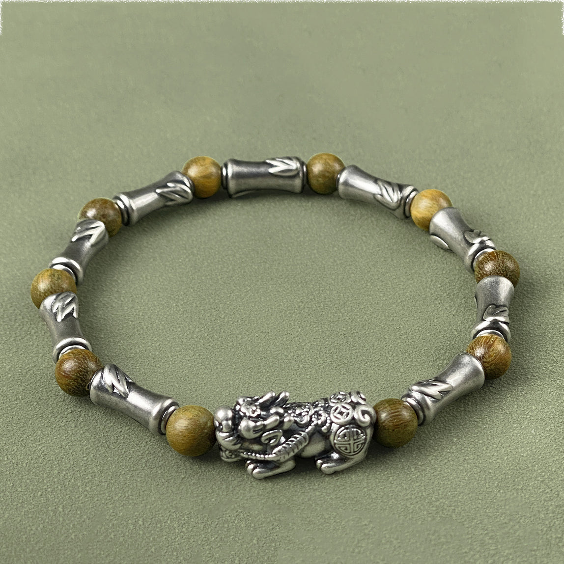 Silver Pixiu Green Sandalwood Bracelet