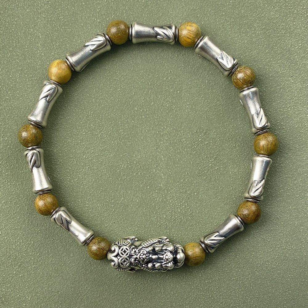 Silver Pixiu Green Sandalwood Bracelet