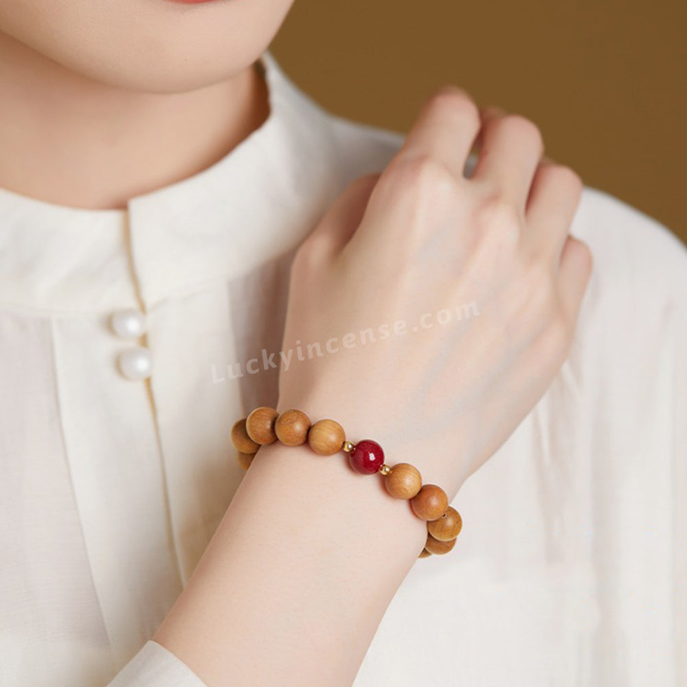 Natural Old Peach Wood Purple Gold Cinnabar Beads Bracelet