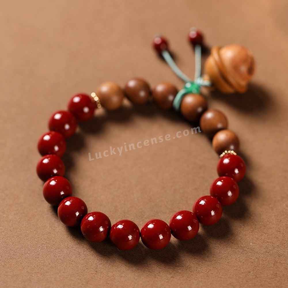 Purple Gold Cinnabar Sandalwood Beads Peach Wood Bell Bracelet