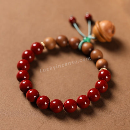 Purple Gold Cinnabar Sandalwood Beads Peach Wood Bell Bracelet