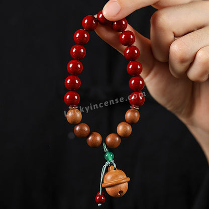 Purple Gold Cinnabar Sandalwood Beads Peach Wood Bell Bracelet