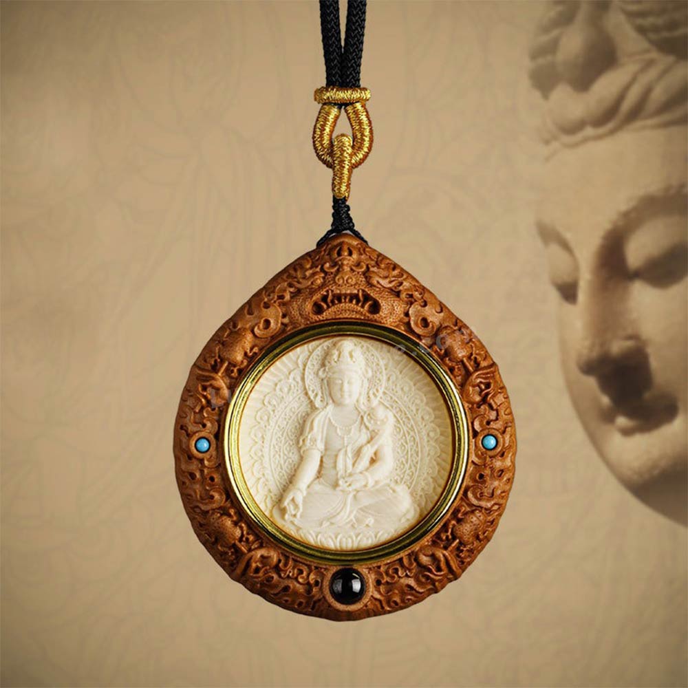 Sandalwood Mammoth Ivory Buddha Statue Inlay Pendant