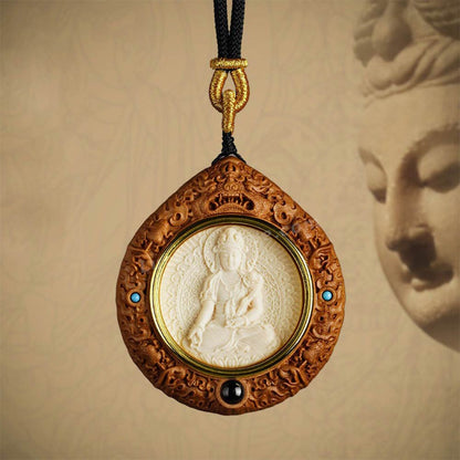 Sandalwood Mammoth Ivory Buddha Statue Inlay Pendant