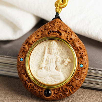Sandalwood Mammoth Ivory Buddha Statue Inlay Pendant
