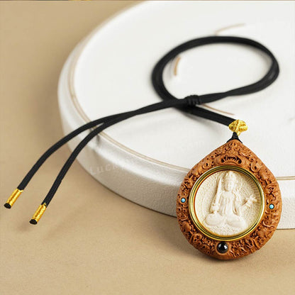 Sandalwood Mammoth Ivory Buddha Statue Inlay Pendant