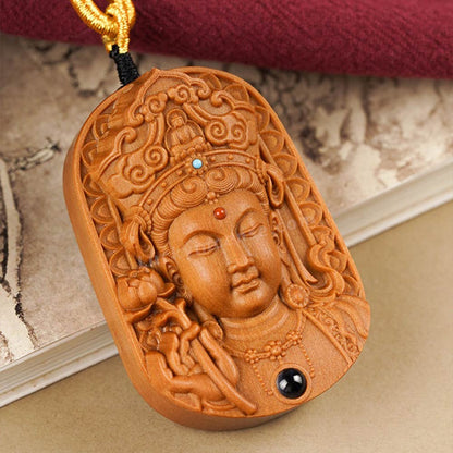 Sandalwood Buddhist Guanyin Holding Lotus Pendant