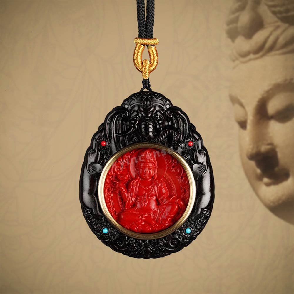 Ebony Wood Cinnabar Bodhisattva Buddha Statue Inlay Pendant