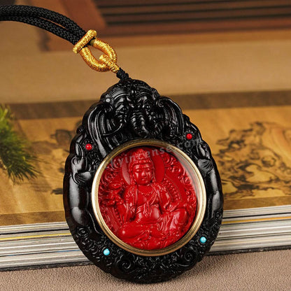 Ebony Wood Cinnabar Bodhisattva Buddha Statue Inlay Pendant